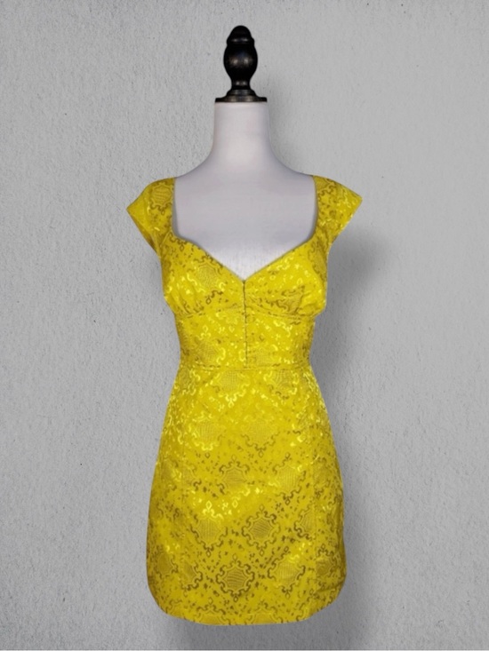 Urban Outfitters Dresses & Skirts - Urban Outfitters Mini Dress Yellow Jacquard Open Back Retro Mod Glam Coquette L